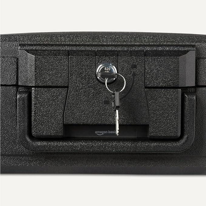 Amazon Basics Fire-Resistant Waterproof Fire Chest with Mechanical Key, for Documents, Jewelry, Money, 0.22 cu. ft, Black