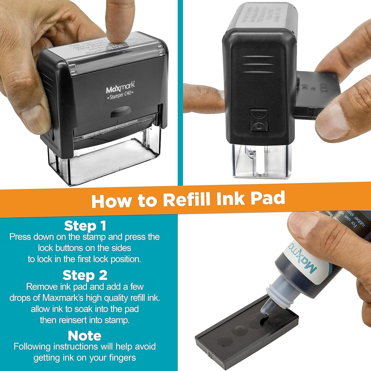 MaxMark Customized Self Inking Stamp - Up to 3 Lines of Text - Small Size - Choose from 15 Ink Colors