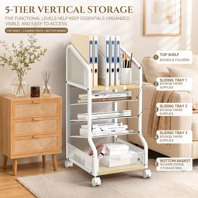 Rolling File Cart Under Desk Storage and Organizers 5-Tier White | Small Filing Cabinet with Adjustable Dividers and Lockable Wheels, Under Desk File Organizer for Home, Office