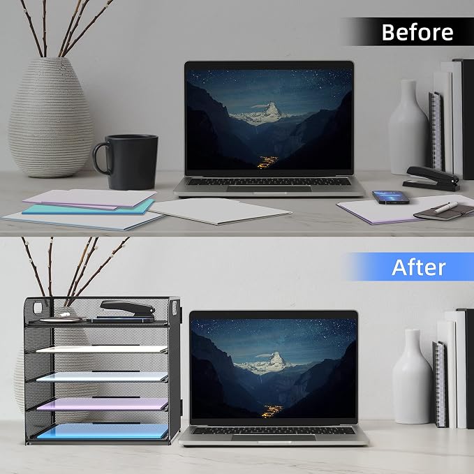 2 Pack 5-Tier Desk Organizer with Handle Mesh Desk File/Paper Organizer Letter Tray for Office, School, Classroom and Home Easy Installation, Black