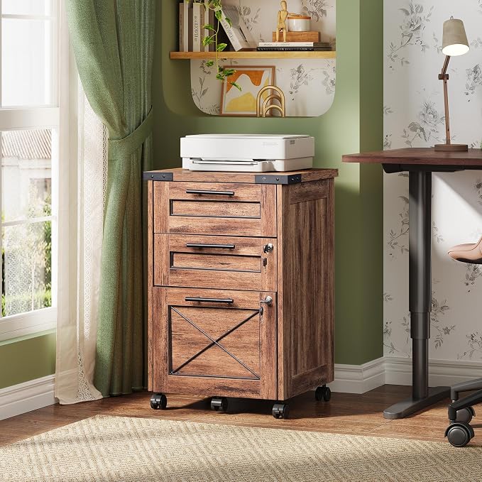 DEVAISE 3 Drawer Under Desk File Cabinet with Lock, Oak | Farmhouse Style, Mobile Drawer Storage Cabinet, Rolling Printer Stand, Fits A4 or Letter-Size, Home Office