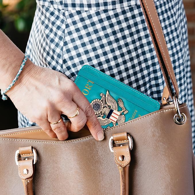 TOURSUIT RFID Blocking Passport Holder, Leather Travel Wallet, Light Blue | Travel Document Holder Cover Accessories, 3D Metal Badge, For Women Men