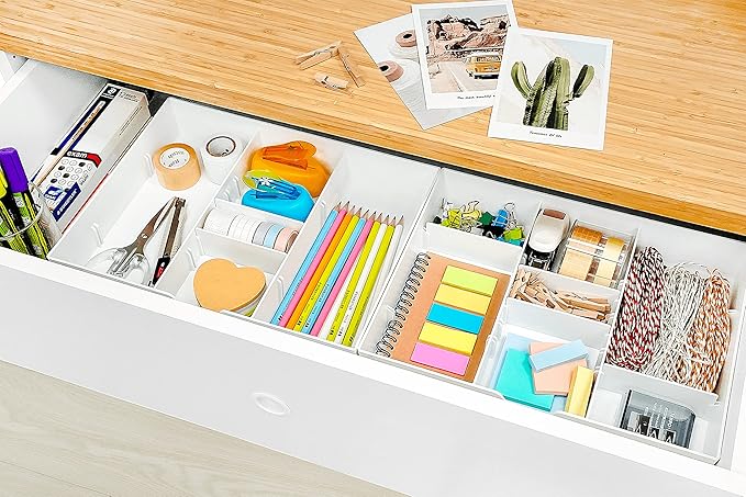 CAXXA 3 Slot Drawer Organizer with 4 Adjustable Dividers - Drawer Storage 7 Compartments Junk Drawer Organizer for Office Desk Supplies and Accessories, White