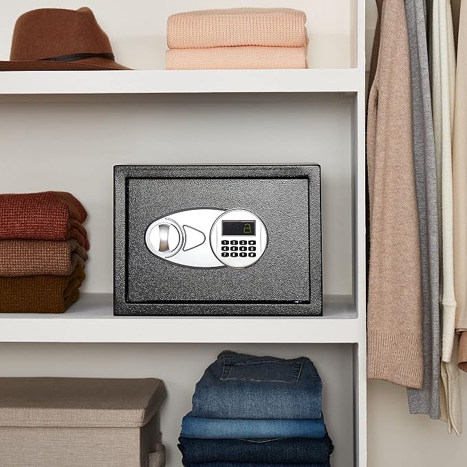 Amazon Basics Steel Security Safe and Lock Box with Electronic Keypad, Secure Documents Storage, Black, 0.5 Cubic Feet, 13.8"W x 9.8"D x 9.8"H, Removable Shelf