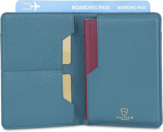 Vaultskin KENSINGTON Passport Holder for Travel, RFID Wallet (Turquoise) | Slim genuine leather book cover, small case for men and women, inner sleeve, cards, cash, scan blocking protection, gift box