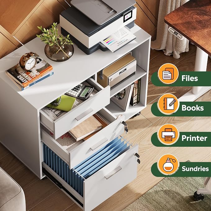 DEVAISE 3-Drawer File Cabinet with Lock, Mobile Wood Filing Cabinet, White | Rolling Printer Stand, Office Cabinet, Open Storage Shelves, Letter & A4 Compatible, Home Office, Under Desk Storage