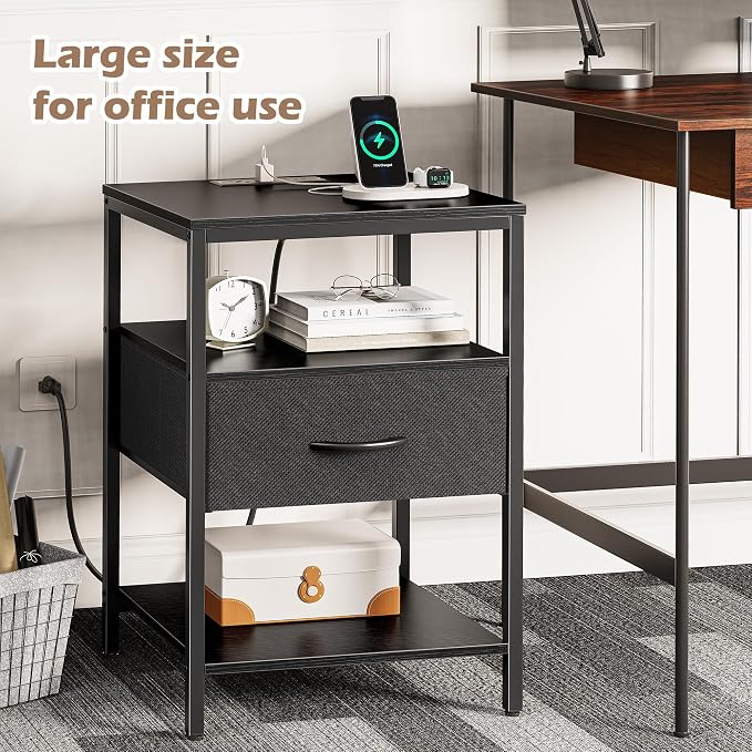 SUPERJARE Nightstand with Charging Station, USB-C Port, Bedside Table | 27.7 Inch Tall Nightstand with Adjustable Fabric Drawer, Large Dresser for Bedroom, Living Room, Black