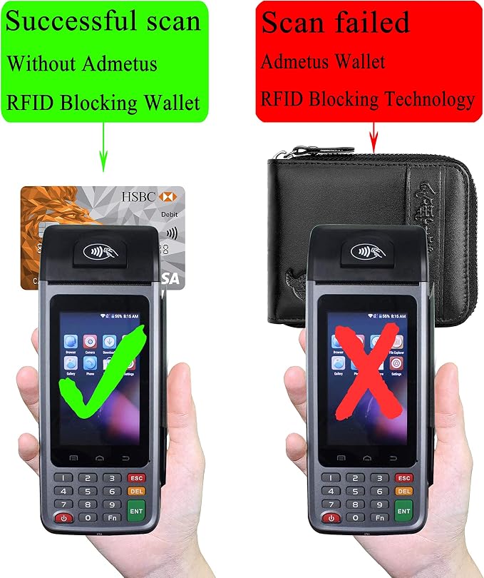 Admetus Mens Zipper Wallet Leather RFID Blocking Card Holder Zip Bifold | genuine leather,gift box packaging, ID window, 12 card slots,zip around
