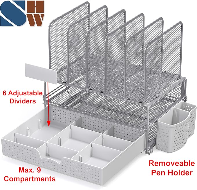 Simple Houseware Desk File Organizer for Office Supplies w/Drawer, Silver | Double Tray, Pencil Holder, and 5 Upright Sections with Sliding Drawer