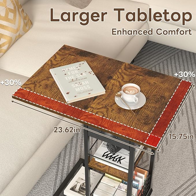 Large C Shaped End Table, Tray Table with Wheels, Drawer and Storage Basket | Large 23.6 x 15.7-Inch Top: 360°wheel rotation, 3-Tier storage with drawer and wheels or adjustable feet.