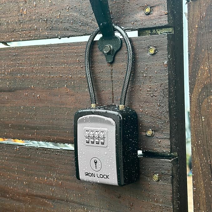 Iron Lock® Key Lock Box with Code, Portable Cable Shackle (Small, Grey) | Holds 2-3 house keys or an access card; 11-in steel cable loops on gate or rail; weather-resistant; no app or battery