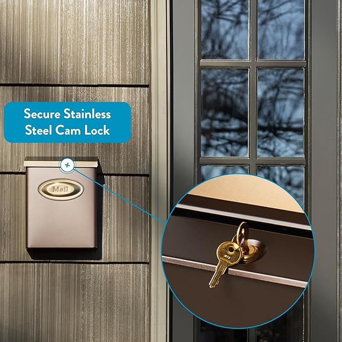 Architectural Mailboxes Designer Locking Wall Mount Mailbox, Bronze, Medium | Galvanized steel build with a concealed lock and key drop box and weather-resistant outdoor construction.