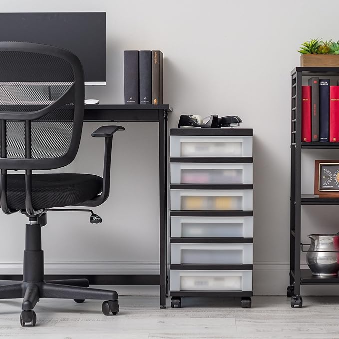 IRIS USA 6-Drawer Rolling Storage Cart with Organizer Top, Black/Pearl | Keep classroom supplies, teacher essentials, craft materials, and learning tools organized with easy-access drawers.
