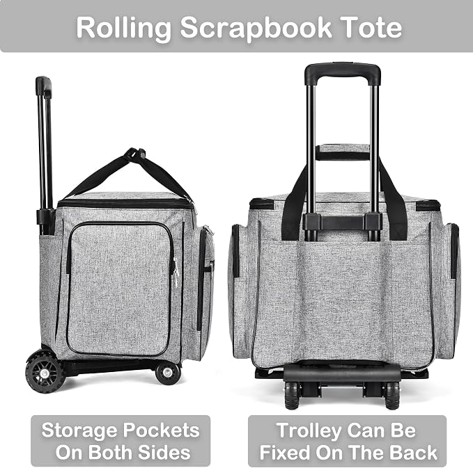 CAB55 Rolling Craft Bag, Tote Bag with Wheels for Women, Rolling Teacher Bag with Removable Folding Hand Truck (Grey)
