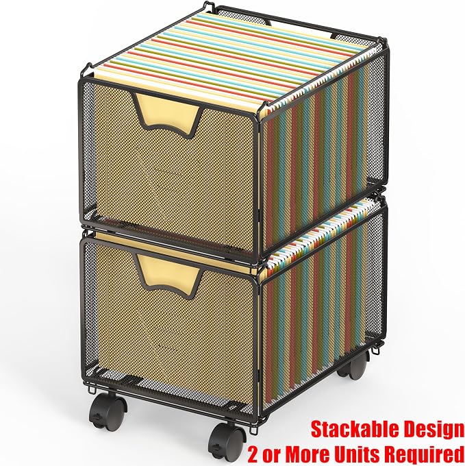 Simple Houseware Stackable Mesh Hanging Rolling File Cart, Black | File Folder Organizer with Lockable Wheels