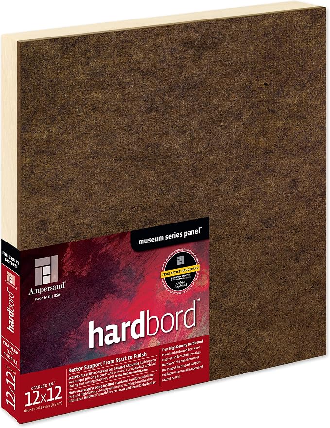 Ampersand Art Supply Hardboard Wood Painting Panel: Museum Series Hardbord, 12" x 12", 3/4 Inch Cradled Profile