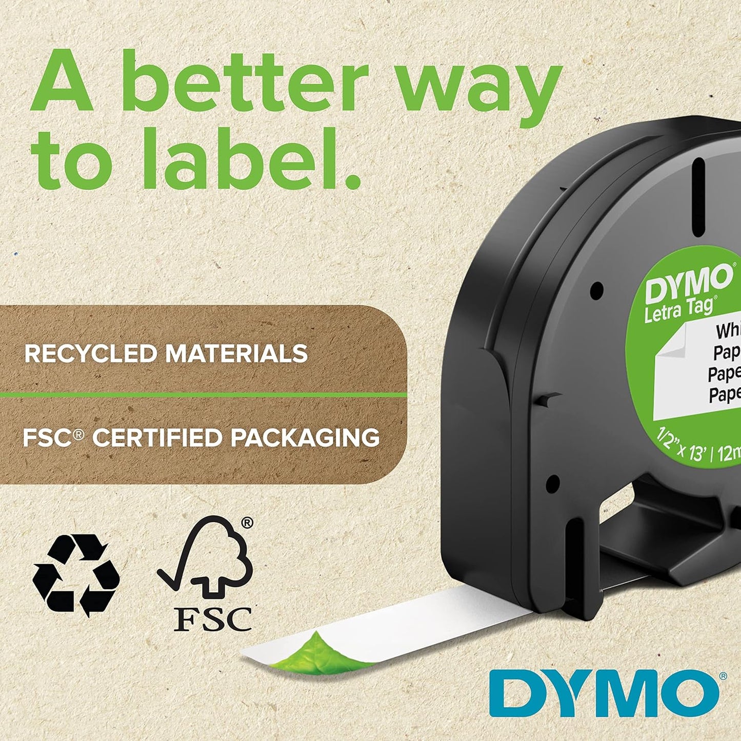 DYMO Authentic LT Plastic Labeling Tape for LetraTag Label Makers, 1/2" (12mm), Black Print On White Tape, 6-Pack