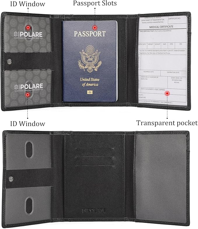 Polare Napa Leather Pilot Wallet Passport Holder RFID Blocking Tri-fold Travel Cover Document Organizer for Aviation Professionals (Black)