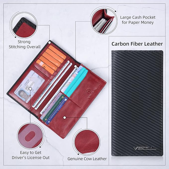 VISOUL Leather Checkbook Cover Wallet for Men with RFID Blocking, Mens Long Bifold Cash Tall Wallet with 11 Credit Card Slots 1 ID Window (Black+Burgundy)