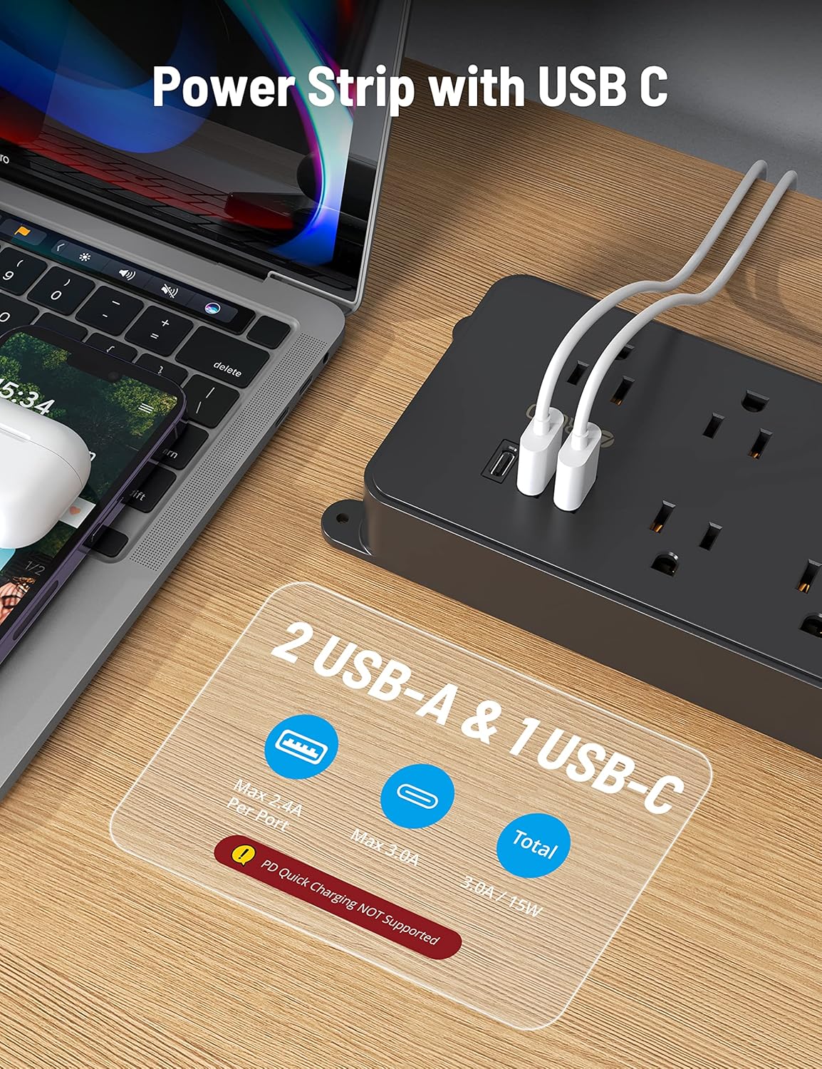 TROND Surge Protector Power Strip, 15ft Long Extension Cord, ETL Listed, 5 Widely Spaced AC Outlets, 2 USB A and 1 USB C, 1300J, Low-Profile Flat Plug, Wall Mountable, for Kitchen Office, Black