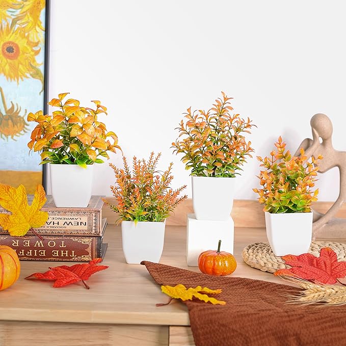 Der Rose 4 Pack Fall Fake Plants Mini Artificial Greenery Potted Plants Fall Decorations for Home Decor Indoor Office Table Room Farmhouse Bathroom Fall Decor