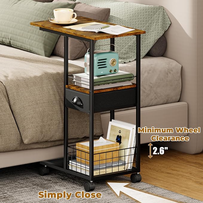 C Shaped Sofa Side Table with Wheels, Rolling Small Coffee Table with Drawer, Portable TV Tray Table for Couch, Bedside Table with Storage, Narrow Nightstand for Bedroom, End Tables Living Room