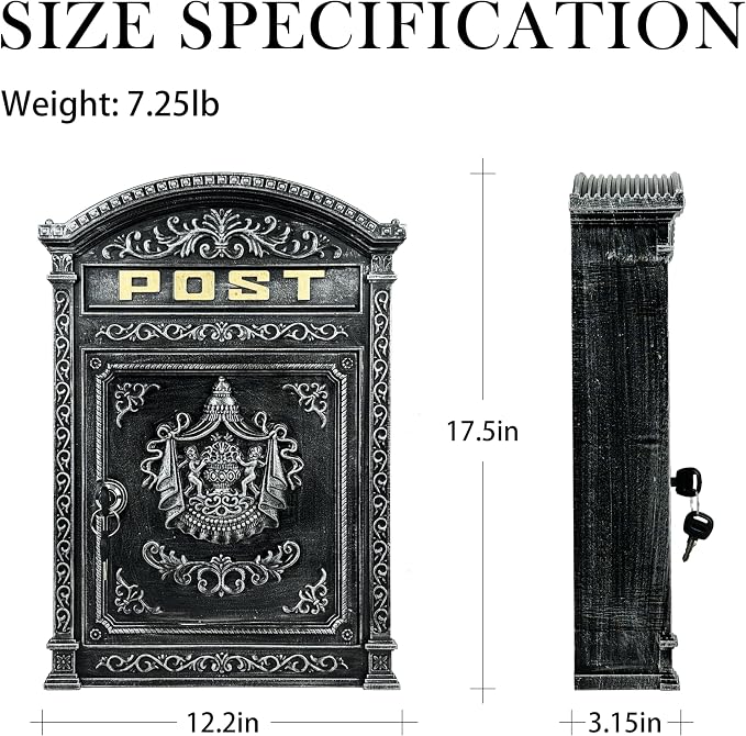 Vintage Lockable Wall Mount Mailbox, Heavy Duty Cast Aluminum Mail Box, Weatherproof Decorative Post Box for Outside, Antique Silver Finish, Large Capacity