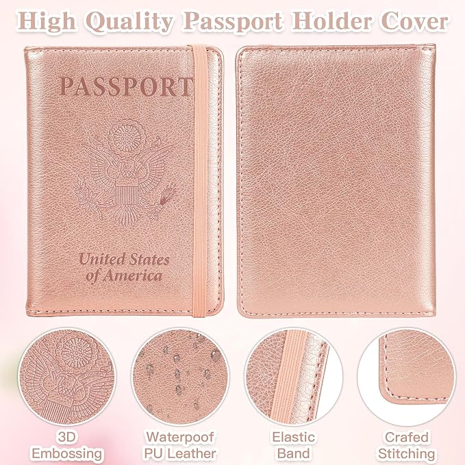Passport Holder for Travel, RFID Blocking Passport Cover with Pen Holder Leather Passport Wallet Case Travel Must Haves Accessories Passport Book Card Holder for Family Travel Essentials, Rose Gold