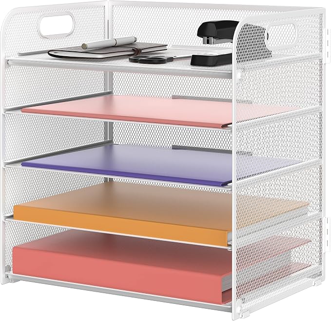 5 Trays Paper Organizer Letter Tray with Handle-Mesh Desk File Holders, Paper Sorter Desk Organizer for Office, Home, Classroom or School, White