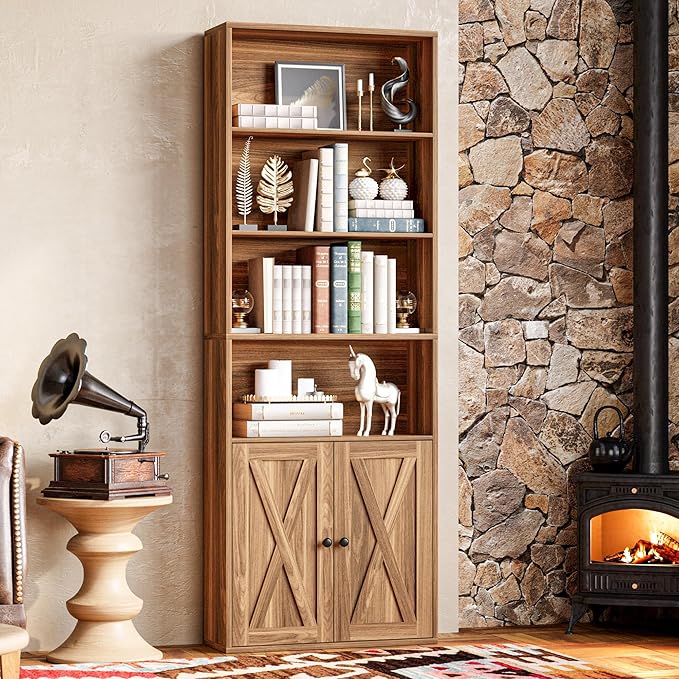 IRONCK Industrial Bookshelves and Bookcases with Doors Floor Standing 6 Shelf Display Storage Shelves 70 in Tall Bookcase for Home Office, Living Room