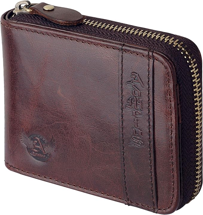 Admetus Mens Zipper Wallet Leather RFID Blocking Card Holder Zip Bifold | genuine leather,gift box packaging, ID window, 12 card slots,zip around
