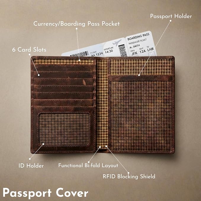 SETTINI® Leather RFID Passport Holder Wallet with AirTag Slot for Travel | hidden AirTag slot, RFID blocking, leather, passport + card slots, travel gift