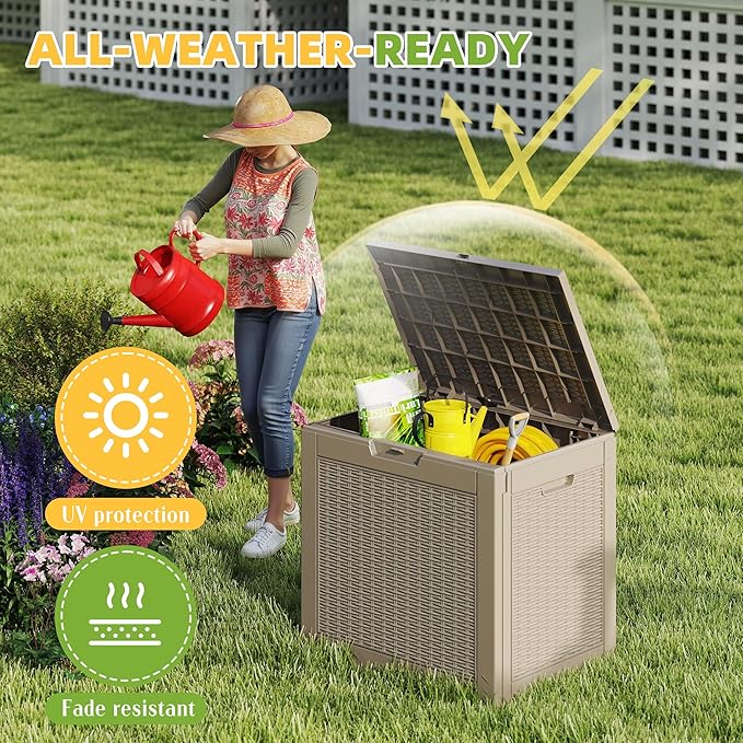 Vixzen 31 Gallon Waterproof Large Deck Box, Lockable Resin Outdoor Storage Box with Hydraulic Lid, Durable Storage Bin for Patio Furniture Cushions, Garden Tools, Pool Accessories, Grey