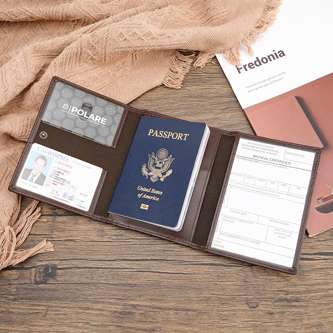 Polare Napa Leather Pilot Wallet Passport Holder RFID Blocking Tri-fold Travel Cover Document Organizer for Aviation Professionals (Coffee with AirTag Slot)