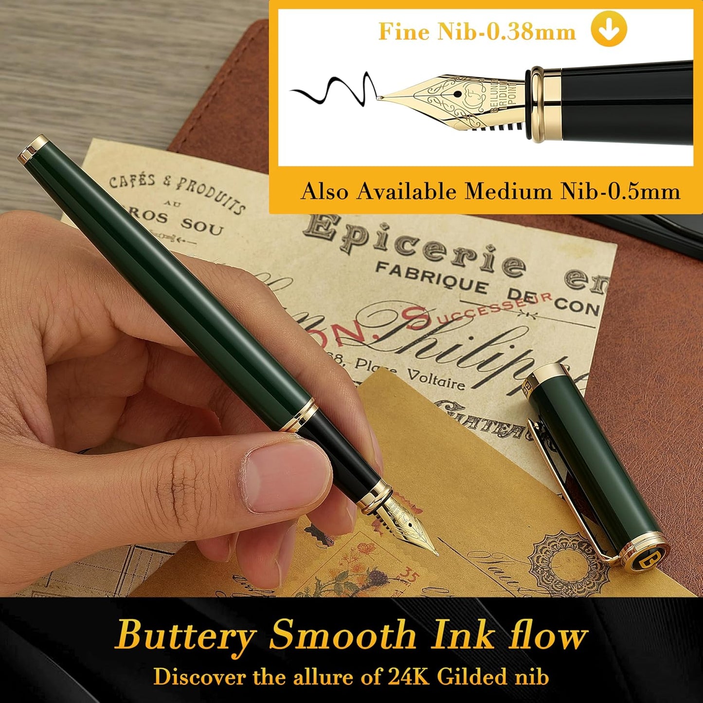 BEILUNER Racing Green Fountain Pen,Stunning Luxury Pens with 24K Gold Finish, Gorgeous 24K Gilded Nib(Fine), Trustworthy Gift for Men&Women -Ink Converter-Elegant, Graduation,Fancy Pen for Writing