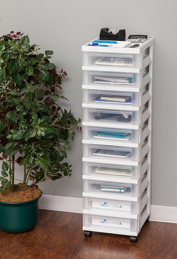 IRIS USA 10-Drawer Rolling Storage Cart, White/Clear | Keep classroom supplies, teacher essentials, craft materials, and learning tools organized with easy-access drawers.