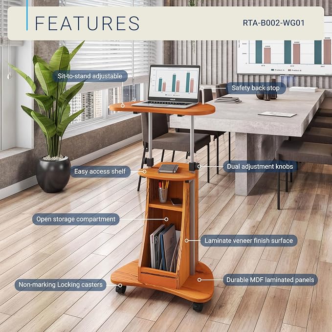 Techni Mobili Adjustable Height Rolling Laptop Cart with Storage, Woodgrain | Adjustable height rolling laptop cart with storage drawer, open shelf, wheels, sit‑stand design for office or medical use