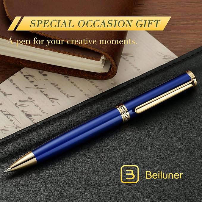 BEILUNER Luxury Personalized Gel Pen with 24K Gold Finish, Blue Piano Lacquer, Luxury Grade Craftsmanship, Best Pen Gift Set for Men and Women, Professional, Executive, Office, Retractable Nice Pens