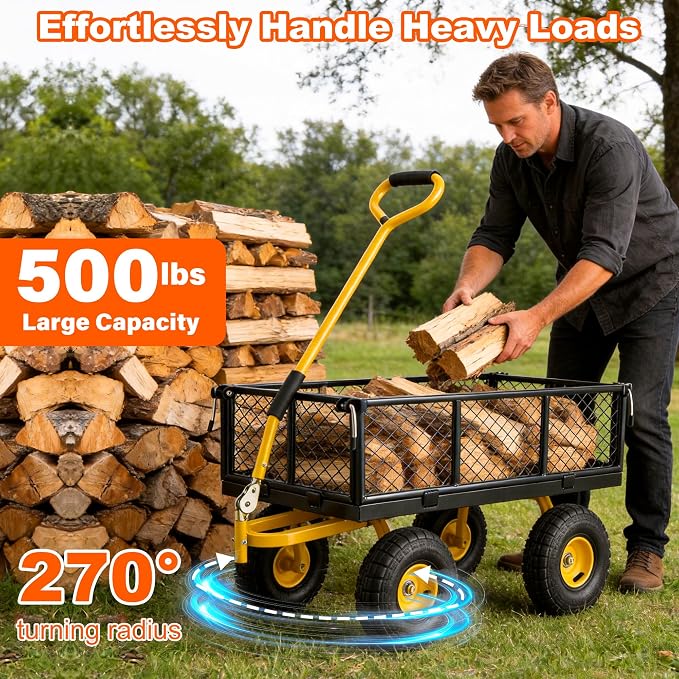 500lbs Heavy Duty Garden Cart, Steel Garden Wagon Cart with Fixedable Rotating Handle for Backyard, Utility Yard Wagon with 10" All Terrain Tires, Mesh Removable Sides