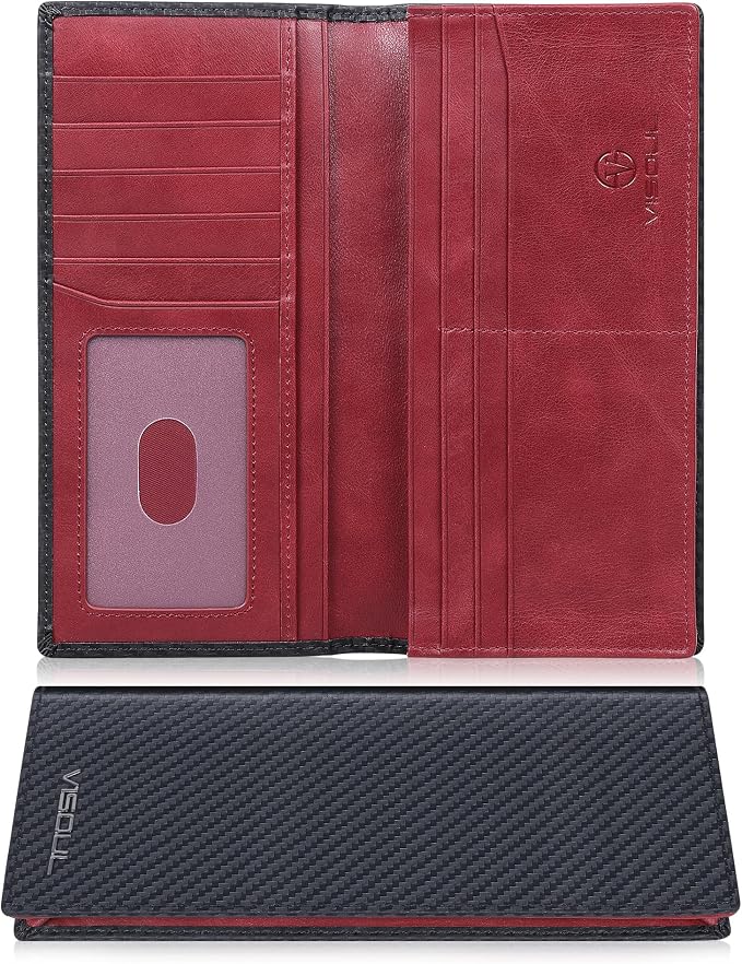 VISOUL Leather Checkbook Cover Wallet for Men with RFID Blocking, Mens Long Bifold Cash Tall Wallet with 11 Credit Card Slots 1 ID Window (Black+Burgundy)
