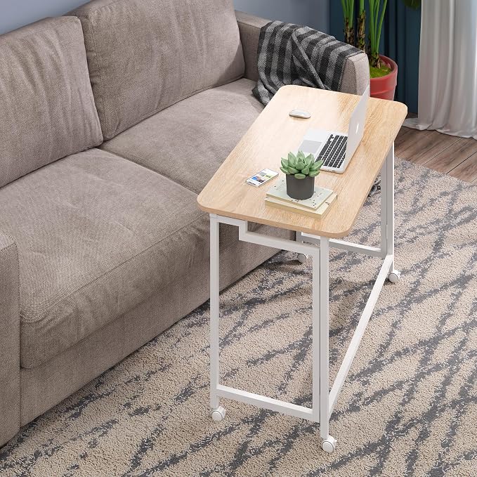 4NM 27.5" Mobile Small Rolling Computer Desk, Folding Laptop Cart Table with Wheels, Portable Office Desk for Small Space Couch Bed - Natural and White