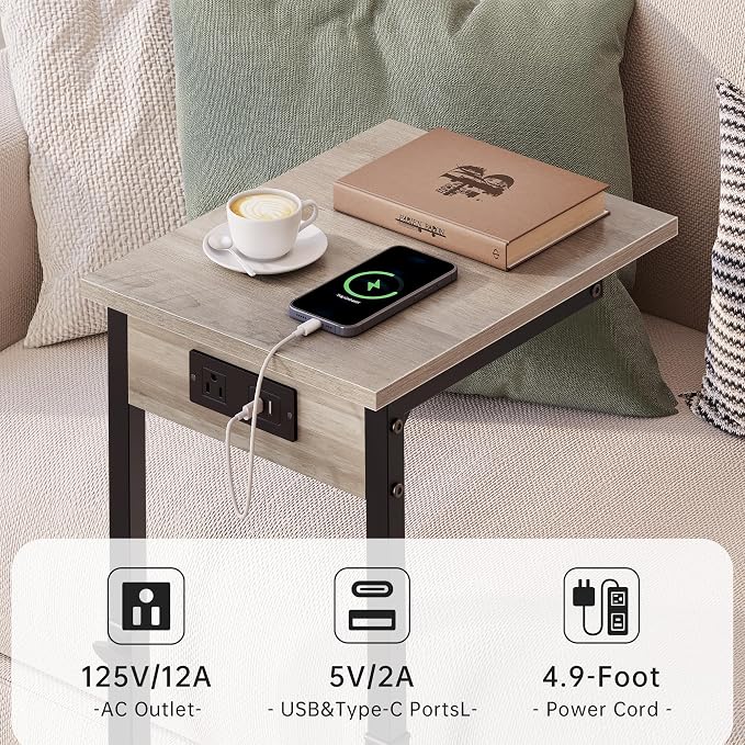 C Shaped End Table with Charging Station, Adjustable Height Side Table for Couch, C Table End Table Couch Table that Slide Under, Sofa Table TV Tray Arm Tables for Living Room, Bedroom, Gray