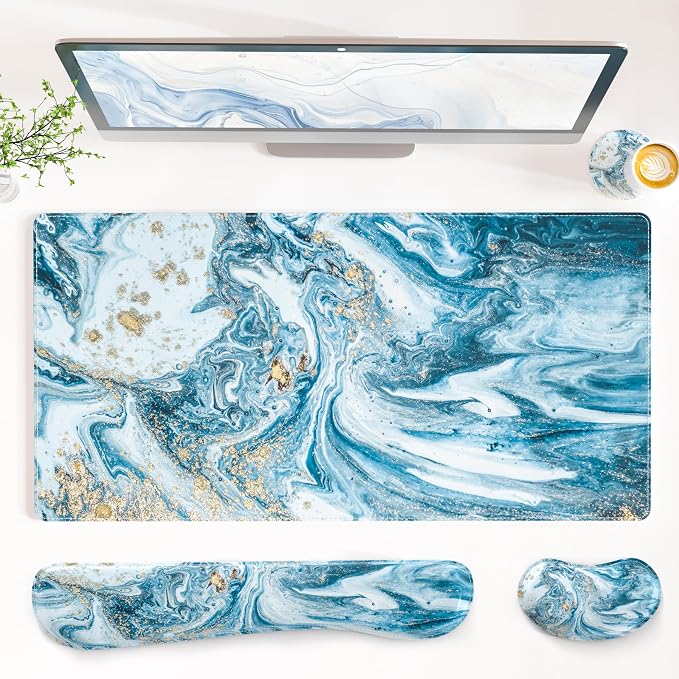QIYI PU Leather Desk Mat Set, 4-in-1 Ergonomic Wrist Rest, Blue Marble | Waterproof Large Mouse Pad 31.5×15.7 + Keyboard Wrist Rest + Mouse Wrist Support+Coaster, Non-Slip Office Gaming Accessories
