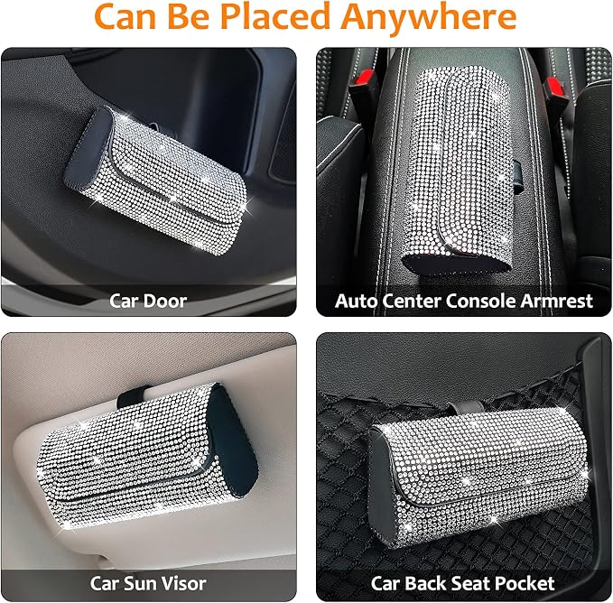 Accmor Bling Sunglasses Holder for Car Sun Visor, Sparkling Eyeglasses Car Visor Clip Storage Glasses Organizer Case, PU Leather Auto Sunglass Holder Protective Box for Truck, SUV, RV (White)