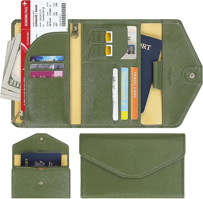 Passport Holder Travel Wallet Organizer for Women,Army Green | RFID secure, 6 card slots, 14 sim pockets, passport holder with zip-around wallet, slim fit for women travelers.