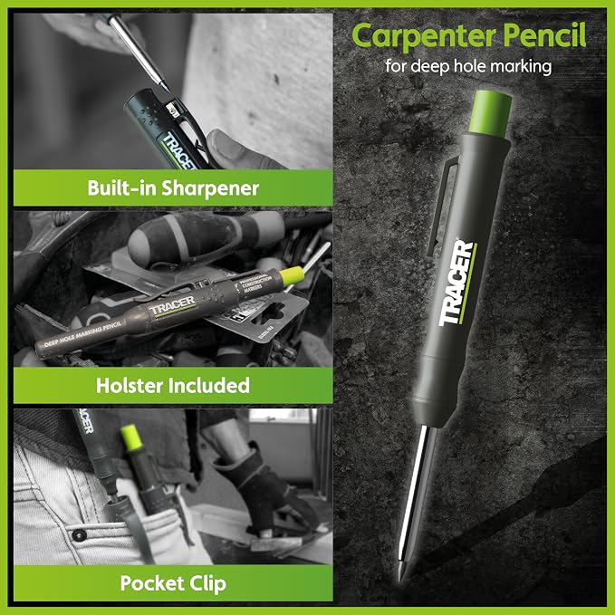Tracer Complete Deep Hole Marking Kit - Includes Double-Tipped Long Head Deep Hole Permanent Marker and Deep Hole Construction Pencil with 6 Replacement Lead Dispenser Site Holster | Deep hole construction pencil, double-tipped permanent marker, 6 repl...