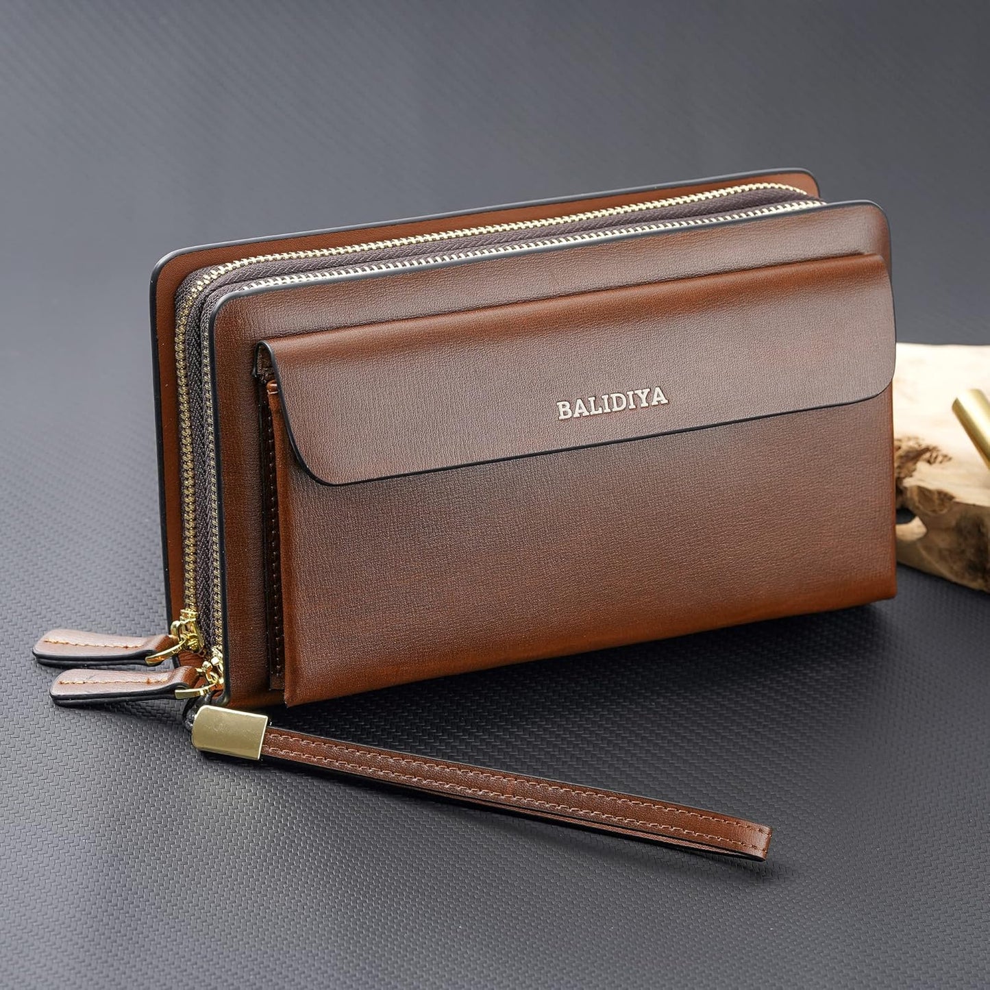 Leather Men Clutch Bag Long Wallet Purse Card Holder Case Business Large Clutch with Double Zip Handbag