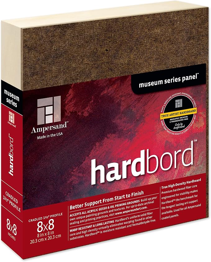 Ampersand Art Supply Hardboard Wood Painting Panel: Museum Series Hardbord, 8" x 8", 3/4 Inch Cradled Profile