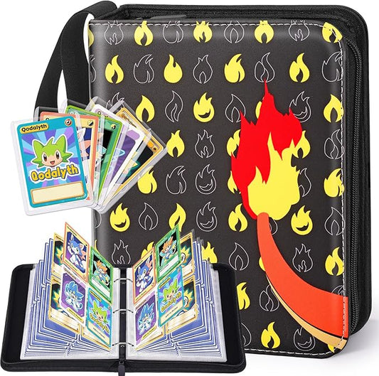 Card Binder – 4 Pocket Zipper Collection Album, Premium PU Holder, Double-Sided Display for 400 Cards, Includes 5 Hard Plastic Sleeves for Game Cards, Sports Cards(Fire)