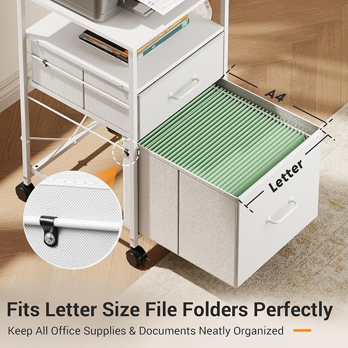 DEVAISE 2 Drawer Fabric Vertical Filing Cabinet, Rolling Printer Stand, White | Rolling Printer Stand, Fabric Vertical Filing Cabinet fits A4 or Letter Size for Home Office, White